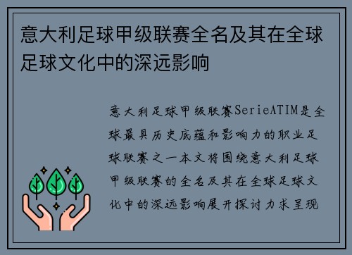 意大利足球甲级联赛全名及其在全球足球文化中的深远影响